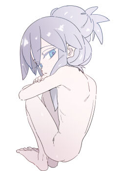 1girl absurdres blue_eyes completely_nude deux_murasame expressionless flat_chest freckles full_body grey_hair gundam gundam_gquuuuuux highres loli looking_at_viewer nude ponyara_ta simple_background solo squatting updo white_background