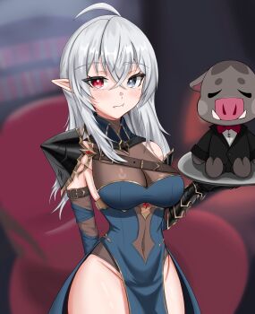 Rule 34 | 1girl, absurdres, ahoge, armor, bare hips, black gauntlets, blue dress, blue eyes, boris (general geega), breasts, clawed gauntlets, closed mouth, commentary, dress, elbow gloves, english commentary, fangs, gauntlets, gav draws, general geega, general geega (1st costume), gloves, grey hair, heterochromia, highres, indie virtual youtuber, large breasts, leotard, long hair, looking at viewer, plate, pointy ears, red eyes, see-through cleavage, see-through clothes, see-through leotard, shoulder armor, single gauntlet, thighs, virtual youtuber, wide hips