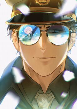 1boy 1girl aviator_sunglasses blue_eyes breasts closed_eyes closed_mouth commentary english_commentary fare goddess_of_victory:_nikke green_jacket green_shirt highres jacket large_breasts light_smile liliweiss_(nikke) looking_at_viewer male_focus military_dress_uniform military_uniform multicolored_hair necktie open_mouth pink_hair portrait reflection shirt short_hair smile sunglasses the_legendary_commander_(nikke) yellow_necktie