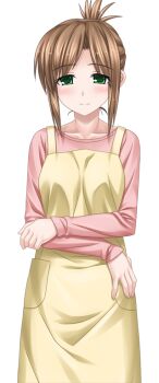 1girl apron blush brown_hair crossed_arms folded_ponytail game_cg green_eyes higuchi_isami kusunoki_misako large_variant_set long_sleeves looking_at_viewer mahou_shoujo_sae mature_female non-web_source official_art short_hair smile solo transparent_background variant_set yellow_apron