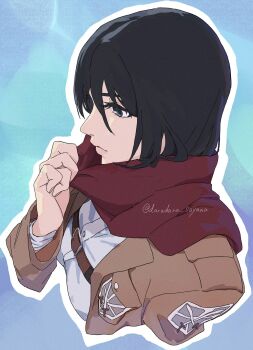 1girl bandaged_wrist bandages belt_buckle black_hair brown_jacket buckle chest_strap closed_mouth cropped_torso darao_(daradara_suyaaa) enpera from_side grey_eyes hair_between_eyes highres jacket long_sleeves mikasa_ackerman open_clothes open_jacket paradis_military_uniform profile red_scarf scarf shingeki_no_kyojin shirt short_hair solo training_corps_(emblem) twitter_username upper_body white_shirt