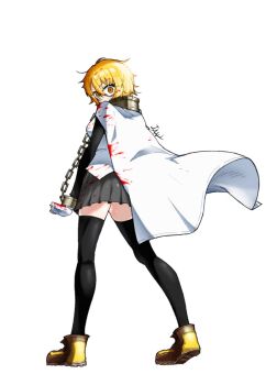 1girl black_skirt black_thighhighs blonde_hair blood blood_on_clothes bound bound_wrists cape chain commentary commentary_request don_quixote_(project_moon) english_commentary full_body highres iany8030 index_(identity)_(project_moon) korean_commentary limbus_company looking_back mixed-language_commentary pleated_skirt project_moon shoes signature simple_background skirt solo standing thighhighs white_background white_cape wide-eyed