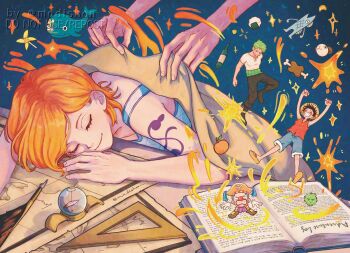 1girl 3boys arms_up bare_shoulders black_hair black_pants blue_shorts boned_meat book bottle buggy_the_clown closed_mouth commentary compass covering_with_blanket dreaming english_commentary food going_merry green_hair haramaki hat highres imagining jolly_roger laboon log_pose madishon map meat monkey_d._luffy multiple_boys nami_(one_piece) nami_(one_piece)_(reverse_mountain) official_alternate_costume one_piece onigiri open_book orange_hair pants pinwheel pirate_hat quill red_vest roronoa_zoro ruler sand shirt short_hair shorts shoulder_tattoo sleeping sleeping_on_desk smile sparkle straw_hat straw_hat_pirates straw_hats_jolly_roger tattoo upper_body vest whale white_shirt