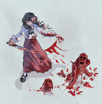Rule 34 | 1girl, alt text, black shoes, blood, blood on clothes, blood on hands, blue eyes, brown hair, closed mouth, commentary, face piercing, fear &amp; hunger (series), fear &amp; hunger 2: termina, grey background, holding, holding knife, knife, lips, long hair, long sleeves, looking at viewer, marina (fear &amp; hunger), mary janes, mouth piercing, nathalie fourdraine, piercing, pink skirt, shirt, shirt tucked in, shoes, skirt, socks, standing, white shirt, white socks
