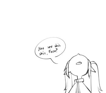 1girl english_text frieren greyscale jek_korpen long_hair looking_up monochrome negative_space open_mouth pointy_ears portrait profanity simple_background solo sousou_no_frieren speech_bubble white_background