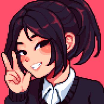 1girl artist_self-insert aseprite_(medium) black_eyes black_hair black_sweater blush collared_shirt commentary english_commentary grin high_ponytail looking_at_viewer original pixel_art ponytail profile_picture red_background shirt simple_background smile solo sweater v white_shirt yumykon yumykon_(yumykon)