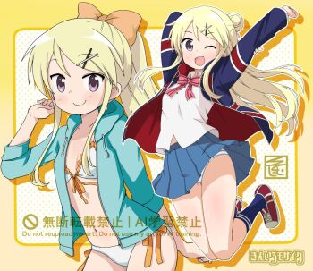 Rule 34 | 1girl, bikini, blonde hair, blush, bow, breasts, closed mouth, commentary request, hair bun, hair ornament, hairclip, hood, hooded jacket, jacket, ki (adotadot), kin-iro mosaic, kujou karen, long hair, looking at viewer, moegi high school uniform, one eye closed, open mouth, ponytail, purple eyes, school uniform, shirt, single hair bun, skirt, smile, swimsuit, union jack, union jack print, very long hair, x hair ornament