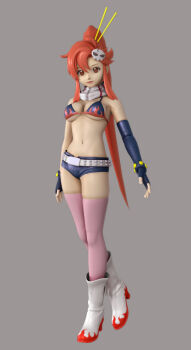 00s 1girl 3d arms_at_sides asymmetric_gloves asymmetrical_gloves belt bikini bikini_top_only black_gloves black_shorts boots breasts cleavage closed_mouth contrapposto female_focus fingerless_gloves flame_print full_body gloves grey_background hair_ornament hair_stick kanzeon long_hair medium_breasts midriff navel non-web_source pink_lips pink_thighhighs ponytail red_eyes red_hair scarf shorts simple_background skull_hair_ornament smile solo standing stomach strap_gap swimsuit tengen_toppa_gurren_lagann thighhighs underboob uneven_gloves very_long_hair yoko_littner zipper