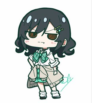 1girl black_choker black_hair bow bowtie brown_shoes cardigan cardigan_around_waist chibi chibi_only choker closed_mouth clothes_around_waist commentary fang fang_out green_bow green_bowtie green_skirt grey_cardigan gyaru gyarugasaki hair_ornament hairclip heart heart_choker highres jitome kogal leg_warmers looking_at_viewer love_live! love_live!_nijigasaki_high_school_idol_club mifune_shioriko oofushi_ao orange_eyes parallel_hairclips plaid_bow plaid_bowtie plaid_clothes pleated_skirt shirt shoes simple_background skirt sleeves_rolled_up solo split_mouth star_(symbol) star_hair_ornament three-quarter_sleeves v-shaped_eyebrows wavy_hair wavy_mouth white_background white_leg_warmers white_shirt