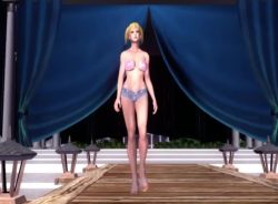 1girl 3d animated ass beach bikini bikini_top_only blonde_hair blue_eyes breasts cleavage denim denim_shorts konami medium_breasts modeling navel rebecca_welsh rumble_roses rumble_roses_xx shorts sound swimsuit tagme twintails video wrestling_ring