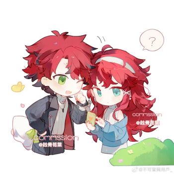 1boy 1girl ? ahoge artist_name bare_shoulders black_coat black_hair black_pants blue_eyes blue_jacket bow buke_chaxun_yonghu bush cellphone chibi chinese_commentary closed_mouth coat collared_coat colored_tips commentary_request commission cropped_legs dress earbuds earphones face_piercing fang forehead_piercing green_eyes hair_ribbon hand_on_own_hip heads_together heart highres holding holding_phone jacket jewelry lapel_pin lapels light_frown listening_to_music long_hair long_sleeves looking_at_object messy_hair multicolored_hair notched_lapels one_eye_closed open_mouth original pants pendant petals phone piercing pinstripe_coat red_coat red_hair ribbon sharing short_hair sidelocks simple_background sleeveless sleeveless_dress smartphone smile spoken_question_mark tress_ribbon turtleneck turtleneck_dress two-sided_coat two-sided_fabric very_long_hair watermark weibo_watermark white_background white_bow white_dress white_ribbon wrist_bow