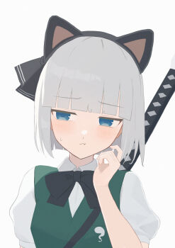 1girl :t animal_ear_hairband animal_ears black_bow black_bowtie black_hairband blue_eyes blunt_bangs blunt_ends blush bow bowtie cat_ear_hairband cat_ears commentary fake_animal_ears green_vest grey_hair hairband highres hilt hitodama_print konpaku_youmu palulap puffy_short_sleeves puffy_sleeves scratching_cheek shirt short_hair short_sleeves simple_background solo sweatdrop sword sword_on_back touhou upper_body vest weapon weapon_on_back white_background white_shirt