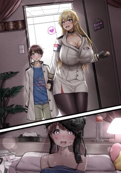 1boy 1girl absurdres age_difference american_flag american_flag_print azur_lane black_bra black_choker black_gloves black_pantyhose blonde_hair blue_eyes blue_shirt bra bra_on_head breasts brown_hair buttons choker cleavage collarbone cross flag_print gloves hairband heart heart-shaped_pupils highres holding_hands huge_breasts jacket lipstick_mark long_hair military_uniform naval_uniform north_carolina_(azur_lane) object_on_head onee-shota open_door open_mouth pantyhose pillow purple_eyes sakurama_(sss_sakurama) shirt shorts skirt spoken_heart sweat symbol-shaped_pupils tissue_box underwear white_hairband white_jacket white_skirt