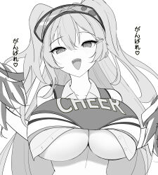 Rule 34 | :d, blush, breasts, clay (nikke), crop top, goddess of victory: nikke, godoh (mamurudou), greyscale, hair intakes, heart, heart-shaped pupils, large breasts, long hair, monochrome, open mouth, shirt, smile, symbol-shaped pupils, twintails, underboob, visor cap