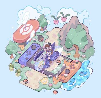 1boy artist_name azurill backpack bag black_socks blush brown_bag brown_footwear brown_hair commentary fidough florian_(pokemon) flower gen_2_pokemon gen_3_pokemon gimmighoul gimmighoul_(roaming) grass hat holding hoppip leaphere lechonk male_focus miraidon necktie nintendo nintendo_switch path pawmi poke_ball poke_ball_(basic) poke_ball_print pokemon pokemon_(creature) pokemon_sv purple_necktie purple_shorts riding riding_pokemon road shirt shoes short_hair shorts sitting smile smoliv socks star_(symbol) tree water