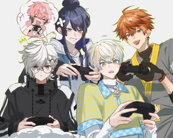 +++ 5boys :< :d ^_^ ahoge akagi_wen akagi_wen_(1st_costume) antenna_hair bandaid bandaid_on_cheek bandaid_on_face black-framed_eyewear black_gloves black_hair black_hoodie black_shirt blonde_hair blue_eyes blue_hair blue_jacket blue_shirt blush clenched_teeth closed_eyes closed_mouth collared_shirt controller crossed_bandaids crossed_bangs drawstring earrings fangs fingerless_gloves game_controller glasses gloves green_eyes grey_eyes grey_shirt hair_between_eyes hair_bun hair_ornament hairclip hands_up heterochromia hibachi_mana hibachi_mana_(1st_costume) highres holding holding_controller holding_game_controller hood hood_down hoodie jacket jacket_over_hoodie jewelry jing_(0r1_4) kitami_yusei kitami_yusei_(1st_costume) layered_sleeves long_sleeves looking_at_viewer male_focus multicolored_eyes multicolored_hair multicolored_shirt multiple_boys murakumo_kagetsu murakumo_kagetsu_(2nd_costume) nagao_kei nagao_kei_(2nd_costume) necklace nijisanji official_alternate_costume open_clothes open_jacket open_mouth orange_hair pink_eyes pink_hair pink_sweater_vest playing_games playing_video_games purple_eyes purple_hair round_eyewear sharp_teeth shirt short_hair short_over_long_sleeves short_sleeves sidelocks simple_background single_earring single_fingerless_glove single_glove single_hair_bun smile streaked_hair sweatdrop sweater_vest teeth turtleneck upper_teeth_only v-shaped_eyebrows virtual_youtuber white_background white_hair white_hoodie white_shirt x_hair_ornament yellow_eyes yellow_shirt