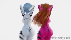 2girls 3d alternate_breast_size animated artist_request ass ass_focus ass_shake audible_music ayanami_rei blue_eyes blue_hair bouncing_breasts breasts brown_hair cowboy_shot dancing ghost_dance large_breasts long_hair looking_at_viewer mecha_pilot_suit mikumikudance_(medium) multiple_girls neon_genesis_evangelion open_mouth plugsuit_(evangelion) rebuild_of_evangelion red_eyes short_hair smile sound souryuu_asuka_langley standing video wide_hips