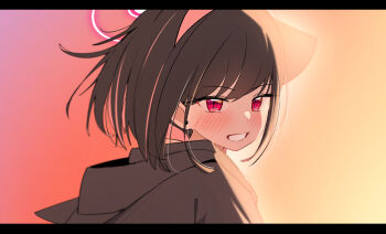1girl animal_ears black_hair black_jacket blue_archive blush cat_ears cat_girl colored_inner_animal_ears colored_inner_hair commentary earrings extra_ears from_side highres jacket jewelry kazusa_(blue_archive) korean_commentary multicolored_hair pink_hair red_eyes solo stud_earrings two-tone_hair whonyang