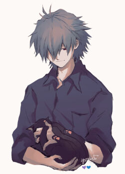 Rule 34 | 1boy, animal, black cat, black shirt, cat, closed mouth, collared shirt, commentary, cropped torso, grey hair, heart, highres, holding, holding animal, holding cat, ikari shinji, looking at animal, male focus, nagisa kaworu, neon genesis evangelion, petting, shirt, short hair, signature, simple background, sleeves pushed up, untranslatable commentary, white background, yorumi1117