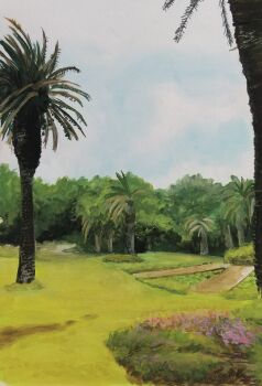 bush commentary day forest grass harusa1107 hedge highres nature no_humans original outdoors painting_(medium) palm_tree path plant road scenery symbol-only_commentary traditional_media tree