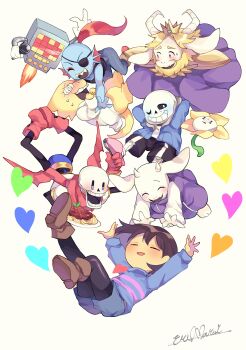 1other 3boys 3girls @_@ absurdres alphys animal_ears arms_behind_head asgore_dreemurr bare_arms bare_shoulders beard black_pantyhose black_shorts blonde_hair blue_jacket blue_shorts blue_skin blue_sweater blush bob_cut boots brothers brown_footwear brown_hair closed_eyes colored_skin commentary_request eyepatch facial_hair flowey_(undertale) food fork frisk_(undertale) full_body furry furry_female furry_male gloves goat_boy goat_ears goat_girl grin heart highres holding holding_fork holding_microphone holding_plate horns jacket knees_apart_feet_together long_sleeves looking_at_another looking_at_viewer marueri mettaton mettaton_(box) microphone multiple_boys multiple_girls non-humanoid_robot one_eye_closed open_clothes open_jacket open_mouth pantyhose papyrus_(undertale) pasta pink_sweater plate red_footwear red_gloves red_scarf robot sans_(undertale) scarf sharp_teeth short_hair shorts siblings simple_background skeleton smile spaghetti striped_clothes striped_sweater sweatdrop sweater teeth toriel two-tone_sweater undertale undyne upper_teeth_only utdr_(toby_fox) white_background white_fur white_gloves yellow_skin