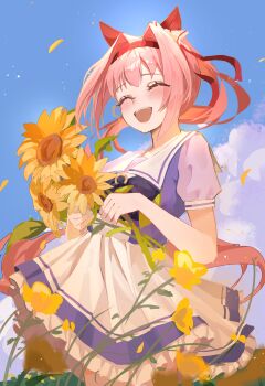 1girl absurdres animal_ears blue_sky blush bow closed_eyes cloud commentary ear_bow ear_covers english_commentary flower hairband haru_urara_(umamusume) headband highres holding holding_flower horse_ears horse_girl horse_tail long_hair open_mouth outdoors pink_hair pink_headband pleated_skirt ponytail puffy_short_sleeves puffy_sleeves purple_bow purple_sailor_collar purple_serafuku purple_shirt purple_skirt red_headband sailor_collar sailor_shirt school_uniform serafuku shirt short_sleeves skirt sky smile solo sunflower tail teeth tracen_school_uniform umamusume upper_teeth_only white_sailor_collar white_skirt yoru_(yorumi)