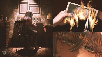 1girl absurdres black_nails black_skirt blue_hair blush burning burning_photo chair close-up commentary_request desk highres holding holding_lighter indoors jirai_kei kneehighs korakuen_inahi lampshade lighter long_hair multicolored_hair nail_polish original pink_hair pleated_skirt sitting skirt slippers socks split-color_hair tearing_up two_side_up yurika-r