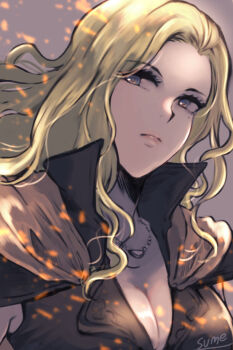 Rule 34 | 1girl, artist name, blonde hair, blue eyes, breasts, cleavage, fire, jewelry, long hair, mole, mole under eye, necklace, sierra (tear ring saga), solo, sparkle, sumeragi (black rose), tear ring saga, tear ring saga: yutona eiyuu senki