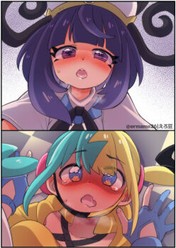 2koma @_@ after_kiss blonde_hair blue_eyes blue_gloves blue_hair blush canari_(pokemon) coat comic dark-skinned_female dark_skin eromame girl_on_top gloves gwynn_(pokemon) hat highres long_sleeves looking_at_another multicolored_hair nintendo open_clothes open_coat open_mouth partially_fingerless_gloves pokemon pokemon_legends:_z-a purple_eyes purple_hair saliva saliva_trail short_hair split-color_hair tears twitter_username two-tone_hair white_coat yuri