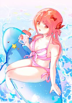 1girl :d absurdres bare_arms bare_shoulders bikini bow bow_bikini breasts cup diagonal-striped_bikini diagonal-striped_clothes disposable_cup drinking_straw feet_out_of_frame from_above gabriel_dropout hair_bow highres holding holding_cup inflatable_dolphin inflatable_toy long_hair looking_at_viewer medium_breasts open_mouth pink_bikini red_bow red_eyes red_hair satanichia_kurumizawa_mcdowell side-tie_bikini_bottom side_ponytail sitting smile soaking_feet solo stomach striped_clothes swimsuit water yangwu_uriel