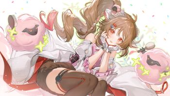 Rule 34 | 1girl, animal ears, ardelia (arknights), arknights, arknights: endfield, bare shoulders, black skirt, black thighhighs, blush, brown hair, coat, detached sleeves, drill hair, eyjafjalla (arknights), fingerless gloves, gloves, hands on own face, highres, horns, long hair, looking at viewer, official art, open mouth, pink shirt, red eyes, sheep, sheep ears, sheep girl, sheep horns, shirt, skirt, solo, thighhighs, wenquangua, white coat, white gloves, white sleeves