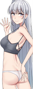 1girl absurdres ass bra breasts commentary_request fuyutsuki_(kancolle) grey_bra grey_eyes grey_hair highres kantai_collection kiritto long_hair looking_at_viewer looking_back one_side_up panties simple_background solo underwear underwear_only very_long_hair waving white_background white_panties