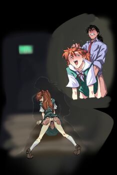 1boy 1girl age_difference amondetauro anus ass blue_shirt clenched_teeth doggystyle grabbing_another's_ass grabbing_another's_hair green_skirt green_vest groping hetero highres holding_another's_hair interface_headset_(evangelion) invisible_penis kaji_ryouji long_hair mature_male neon_genesis_evangelion open_mouth orange_hair pussy school_uniform sex sex_from_behind shirt skirt smile souryuu_asuka_langley teeth tokyo-3_middle_school_uniform uncensored vaginal vest white_shirt