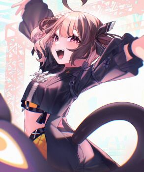 1girl ahoge arms_up black_bow black_jacket blonde_hair blush bow breasts brown_hair cowboy_shot cropped_jacket cropped_shirt floating_hair gigi_murin hashtag-only_commentary highres hololive hololive_english hololive_idol_uniform_(color_rise) huge_ahoge idol jacket lukaa multicolored_hair navel official_alternate_costume open_mouth orange_shirt orange_shorts orange_skirt pink_eyes sharp_teeth shirt short_hair short_twintails shorts showgirl_skirt sidelocks skirt small_breasts smile solo standing tail teeth three-quarter_sleeves twintails two-tone_hair virtual_youtuber white_background white_bow