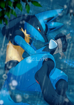 1boy animal_ears animal_feet animal_hands bandaged_hand black_fur blue_fur blue_theme blurry blurry_foreground body_fur closed_mouth english_text feet from_above furry furry_male gen_4_pokemon half-closed_eyes hands_up highres lucario lying male_focus multicolored_fur navel netiel nintendo on_ground on_side outdoors own_hands_together pawpads pokemon pokemon_(creature) rain red_eyes snout solo spikes split_mouth tail wet wolf_boy wolf_ears wolf_tail yellow_fur