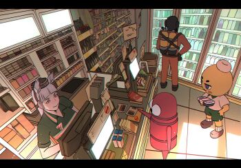 absurdres battery convenience_store crossover gold_ship_(umamusume) highres lethal_company multiple_crossover multiple_others peak_(game) r.e.p.o. scout_(peak) semibot shop ubekeyk umamusume worker_(lethal_company)