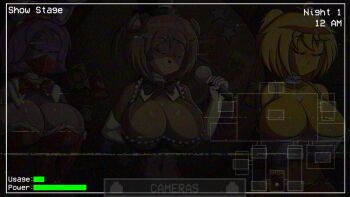 3girls animal_ears black_background black_bow black_bowtie black_panties black_skirt black_thighhighs blonde_hair bonnie_(fnaf) bow bowtie breasts brown_hair camera chica cleavage clock closed_eyes colored_skin commentary crop_top dark elbow_gloves english_commentary english_text five_nights_at_freddy's five_nights_in_anime:_after_hours_(fangame) five_nights_in_anime_(fangame) freddy_fazbear frills furry furry_female game_screenshot gameplay_mechanics gloves hat highres holding holding_microphone huge_breasts large_breasts leotard mask microphone midriff mini_hat mini_top_hat mouth_mask multiple_girls navel non-web_source orange_pants panties pants pink_thong playboy_bunny ponytail purple_hair red_bow red_bowtie red_gloves red_leotard screencap shiny_skin short_hair short_shorts shorts simple_background skirt smile static strapless strapless_leotard thighhighs thong top_hat underwear unzipped video_game white_gloves