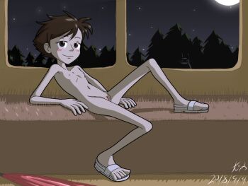 10s 1girl 2018 bad_anatomy blush blush_stickers breasts brown_eyes brown_hair collarbone dated full_moon highres kitsoone kusakabe_satsuki loli looking_at_viewer lying moon navel night nipples nude pussy sandals september short_hair sky small_breasts smile star_(sky) starry_sky studio_ghibli tonari_no_totoro tree white_sandals window