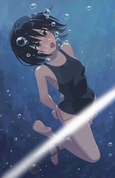 1girl air_bubble amagami asphyxiation ball_and_chain_restraint barefoot black_eyes black_hair black_one-piece_swimsuit blue_one-piece_swimsuit botan_m bound bound_wrists bubble collarbone commentary_request competition_swimsuit drowning egg_vibrator female_ejaculation full_body highres light_censor nanasaki_ai one-piece_swimsuit open_mouth paid_reward_available pussy_juice restrained sex_toy short_hair sinking soles solo struggling submerged swimsuit tongue tongue_out two-tone_one-piece_swimsuit two-tone_swimsuit underwater vibrator vibrator_under_swimsuit water