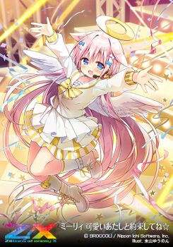Rule 34 | 1girl, angel, angel wings, blue eyes, boots, colored skin, concert, confetti, copyright logo, copyright notice, feathered wings, from above, hair ornament, hairclip, halo, headset, idol clothes, jumping, kneehighs, logo, long hair, marie (z/x), multicolored skirt, nagayama yuunon, official art, open mouth, pink hair, sailor collar, shirt, skirt, socks, solo, star (symbol), traditional halo, translation request, white boots, white sailor collar, white shirt, white skirt, white wings, wings, yellow skin, z/x