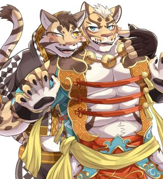 2boys abs absurdres animal_ears bara biceps brown_fur cheek_poking claws commentary_request fangs furry furry_male highres kemo_kemo56 leopard_boy leopard_ears leopard_tail likulau_(nekojishi) lin_hu_(nekojishi) looking_at_another male_focus multiple_boys muscular muscular_male nekojishi one_eye_closed open_mouth orange_fur pawpads pectoral_cleavage pectorals poking smile striped_fur tail tiger_boy tiger_ears tiger_stripes white_background