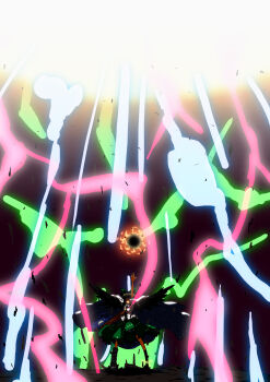 1girl absurdres arm_cannon arm_up black_hair bow female_focus hair_bow highres long_hair madare-rin madare_rin power red_eyes reiuji_utsuho smile solo third_eye touhou weapon wings zooming_out