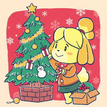 1girl :> animal_crossing animal_crossing:_new_leaf bell black_eyes blush_stickers bow box brick brown_jacket brown_sleeves brown_sweater candy_cane_ornament cardboard_box christmas christmas_ornaments christmas_tree closed_mouth commentary_request dog dog_girl floppy_ears full_body furry furry_female gift_ornament green_skirt hair_bell hair_ornament hair_tie half_updo highres holding holding_ornament isabelle_(animal_crossing) jacket leaf_ornament long_sleeves looking_at_object neck_ribbon nintendo official_art open_box orange_fur red_background red_bow red_ribbon ribbon second-party_source shih_tzu shirt skirt snowflake_background snowflakes snowman_ornament solo star_ornament sweater sweater_jacket topknot triangle_nose two-tone_fur undershirt white_shirt yellow_fur