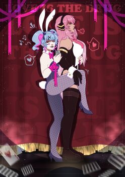 Rule 34 | 2026, 2girls, absurdres, animal ears, black boots, black bow, black gloves, black hairband, black leotard, black pantyhose, black shoes, black vest, blue eyes, boots, bow, bowtie, breasts, card, collar, commentary, dark-skinned female, dark skin, detached collar, elbow gloves, english commentary, eyeliner, fake animal ears, fishnet pantyhose, fishnets, gloves, gold buttons, hairband, hatsune miku, heart, high heels, highres, holding, holding another's leg, holding microphone, knee boots, leotard, looking at another, looking back, makeup, megurine luka, megurine luka (temptation), microphone, multiple girls, open mouth, pantyhose, pink bow, pink bowtie, pink ribbon, playboy bunny, playing card, rabbit ears, rabbit hole (vocaloid), ribbon, shoes, short twintails, sideboob, spoken heart, strapless, strapless leotard, tattoo, teardrop tattoo, teeth, tempusumbra, twintails, two-tone vest, upper teeth only, vest, vocaloid, white collar, white tail, white vest, white wrist cuffs, wrist cuffs, yuri