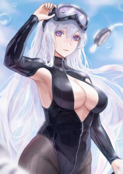1girl armpit_cutout azur_lane black_wetsuit bodysuit breasts brown_pantyhose bubble clothing_cutout cowboy_shot diving_mask diving_mask_on_head diving_suit enterprise_(azur_lane) enterprise_(diving_under_blue_skies)_(azur_lane) goggles goggles_on_head hair_between_eyes highres karkovb152 large_breasts long_hair looking_at_viewer mixed-language_commentary official_alternate_costume open_wetsuit pantyhose pantyhose_under_swimsuit purple_eyes solo swim_goggles swimsuit very_long_hair wet wetsuit