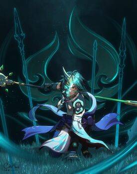 1boy aqua_background aqua_gloves aqua_hair artist_name chaendeulleo commentary genshin_impact gloves highres holding holding_polearm holding_weapon looking_at_viewer male_focus mask on_grass on_one_knee polearm solo superhero_landing weapon weapon_request xiao_(genshin_impact) yellow_eyes