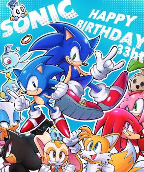 3girls 5boys 5d_yk5302 \m/ amy_rose animal_nose bat_girl birthday black_eyes blue_background blue_eyes brown_eyes chao_(sonic) character_name cheese_(sonic) child closed_mouth commentary_request cream_the_rabbit dark_chao dress dual_persona fox_boy furry furry_female furry_male gloves green_eyes grin hairband happy_birthday hero_chao highres index_finger_raised knuckles_the_echidna koco_(sonic) looking_at_viewer multiple_boys multiple_girls neutral_chao open_mouth purple_eyes rabbit_girl red_dress red_eyes red_footwear red_hairband ring_(sonic) rouge_the_bat shadow_the_hedgehog shoes smile sonic_(series) sonic_the_hedgehog sonic_the_hedgehog_(classic) tail tails_(sonic) white_gloves wisp_(sonic) yacker_the_wisp