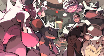 1boy claws crossed_arms evil_smile fangs floating formal_clothes gen_1_pokemon giovanni_(pokemon) hand_in_pocket holding holding_poke_ball horns legendary_pokemon looking_at_viewer mewtwo nidoking nidoqueen nintendo no_eyebrows persian poke_ball pokemon pokemon_(creature) pokemon_rgby rhydon single_horn smile standing suit team_rocket tennohi weezing whiskers