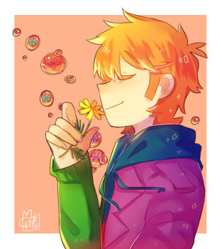1boy animification berry border closed_eyes colorful commentary eddsworld flower from_side fusion hand_up holding holding_flower hood hood_down hoodie male_focus molechan multicolored_hoodie orange_background orange_hair profile short_hair signature simple_background smile solo symbol-only_commentary tomatoredd_(eddsworld) upper_body white_border yellow_flower