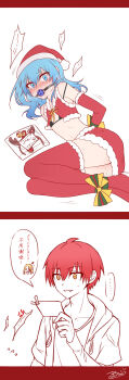 ! ... 1girl 2boys :p absurdres akabane_karma anger_vein ansatsu_kyoushitsu antlers ball_gag bell black_bra blue_eyes blue_hair blush border bound bound_ankles bound_wrists bra chibi christmas christmas_present collar collarbone crop_top crossdressing drawstring elbow_gloves flying_sweatdrops fur-trimmed_gloves fur-trimmed_headwear fur-trimmed_legwear fur-trimmed_skirt fur_trim gag gift gloves green_ribbon hair_down hat highres holding holding_paper hood hoodie horns kanoshu_baki light_blue_hair long_hair long_sleeves looking_at_viewer lying miniskirt motion_lines multiple_boys nakamura_rio nose_blush on_side one_eye_closed open_clothes open_hoodie open_mouth paper partially_colored pom_pom_(clothes) raised_eyebrows red_border red_collar red_gloves red_hair red_hat red_shirt red_skirt red_thighhighs reindeer_antlers ribbon santa_hat shiota_nagisa shirt short_hair short_sleeves signature simple_background skirt spoken_anger_vein spoken_ellipsis sweat sweatdrop tearing_up thighhighs tongue tongue_out trap underwear white_background wide-eyed yellow_eyes yellow_ribbon